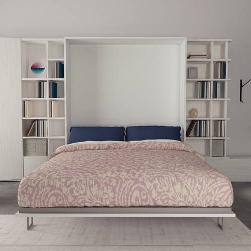 Chambre minimaliste moderne avec un grand abattable &eacute;clair&eacute; dot&eacute; d&rsquo;un couvre-lit &agrave; motifs, flanqu&eacute; d&rsquo;&eacute;tag&egrave;res remplies d&rsquo;objets assortis