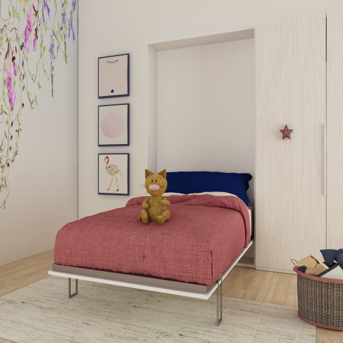 Lit abattable ouvert dans une chambre d&rsquo;enfant, encadr&eacute; de rangements sur mesure