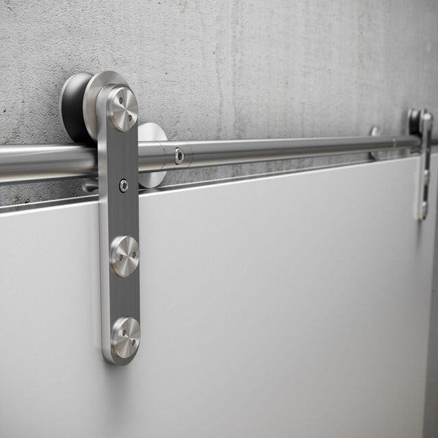 Syst&egrave;me de porte coulissante en applique sur rail apparent