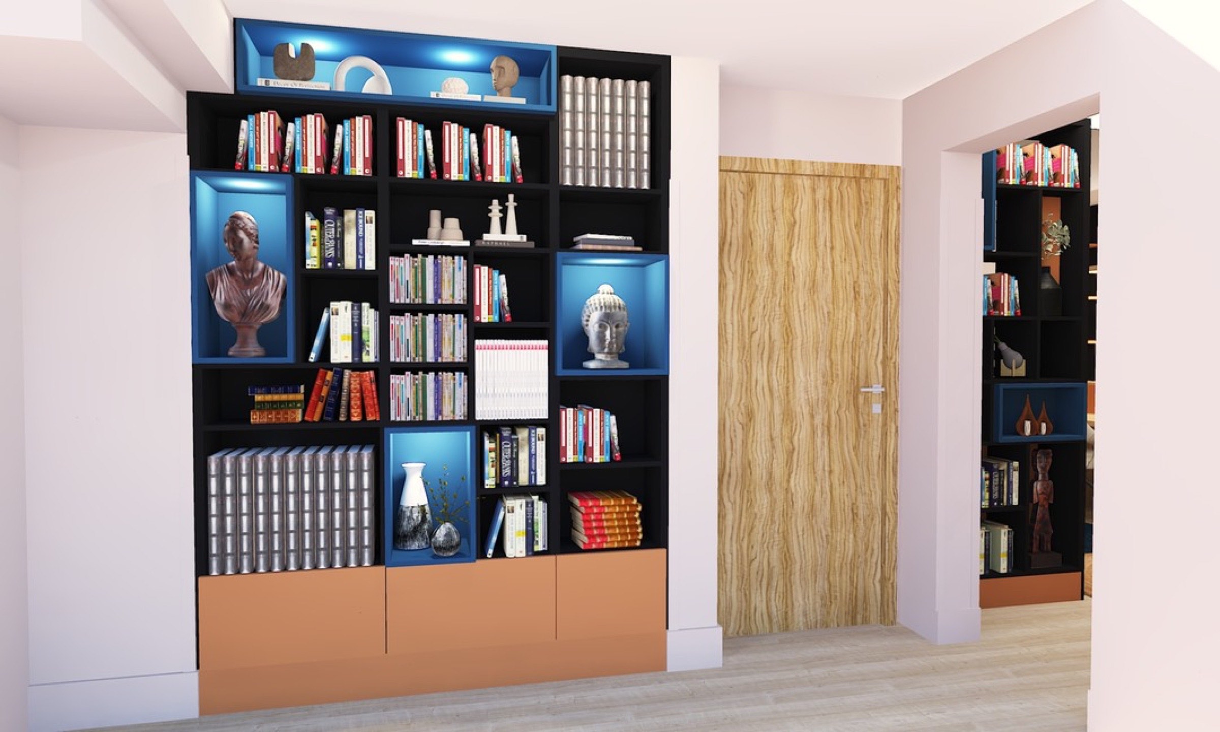 Une biblioth&egrave;que contemporaine bien agenc&eacute;e, avec une grande &eacute;tag&egrave;re remplie de livres, d'objets d&eacute;coratifs et de compartiments de rangement