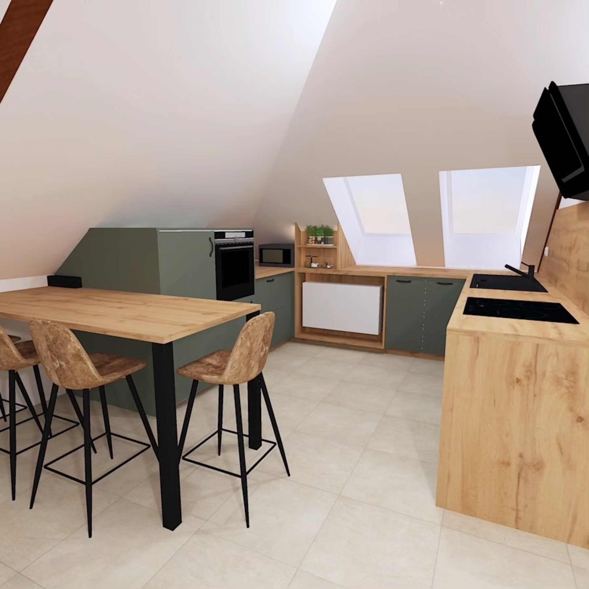 Une cuisine mansard&eacute;e moderne avec des finitions en bois &eacute;l&eacute;gantes, comprenant un coin repas int&eacute;gr&eacute;, beaucoup de lumi&egrave;re naturelle provenant de lucarnes et des appareils &eacute;lectrom&eacute;nagers contemporains, con&ccedil;ue par l'&eacute;quipe d'agenceurs de Castellanos.