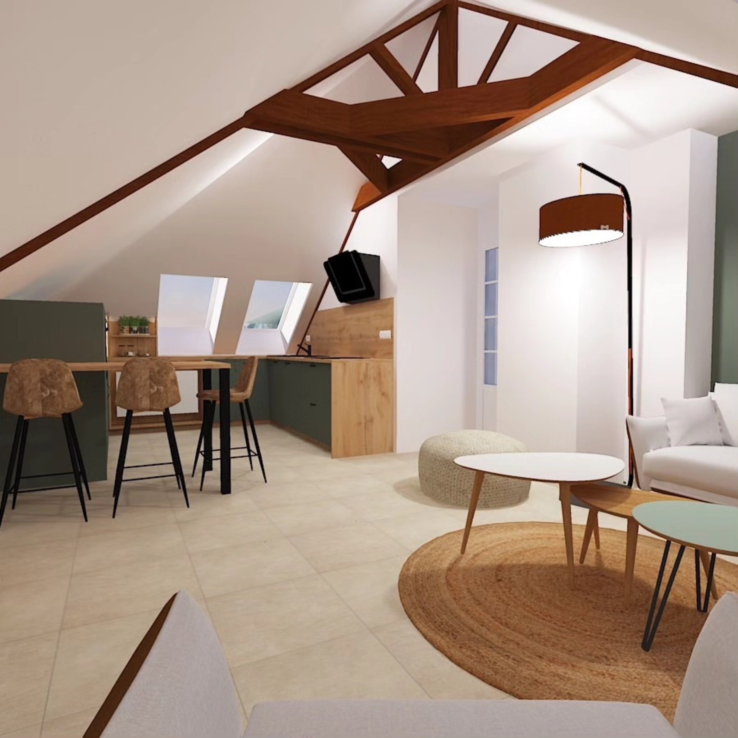 Espace de vie mansard&eacute; moderne avec un design minimaliste et confortable, avec des poutres apparentes, une kitchenette soign&eacute;e &eacute;quip&eacute;e par l'&eacute;quipe de Castellanos et un coin salon confortable avec beaucoup de lumi&egrave;re naturelle.
