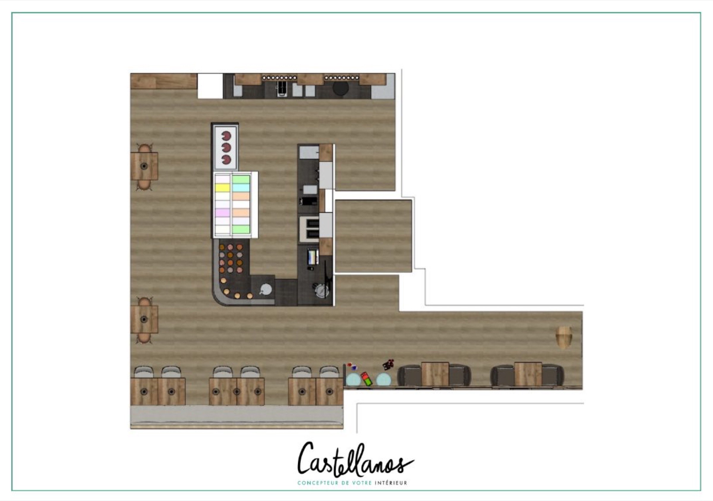 Plan d'aménagement de cuisine moderne avec rangements étiquetés, électroménagers et comptoirs spacieux dans un concept épuré de "Castellanos" mettant en vedette agencement professionnel.