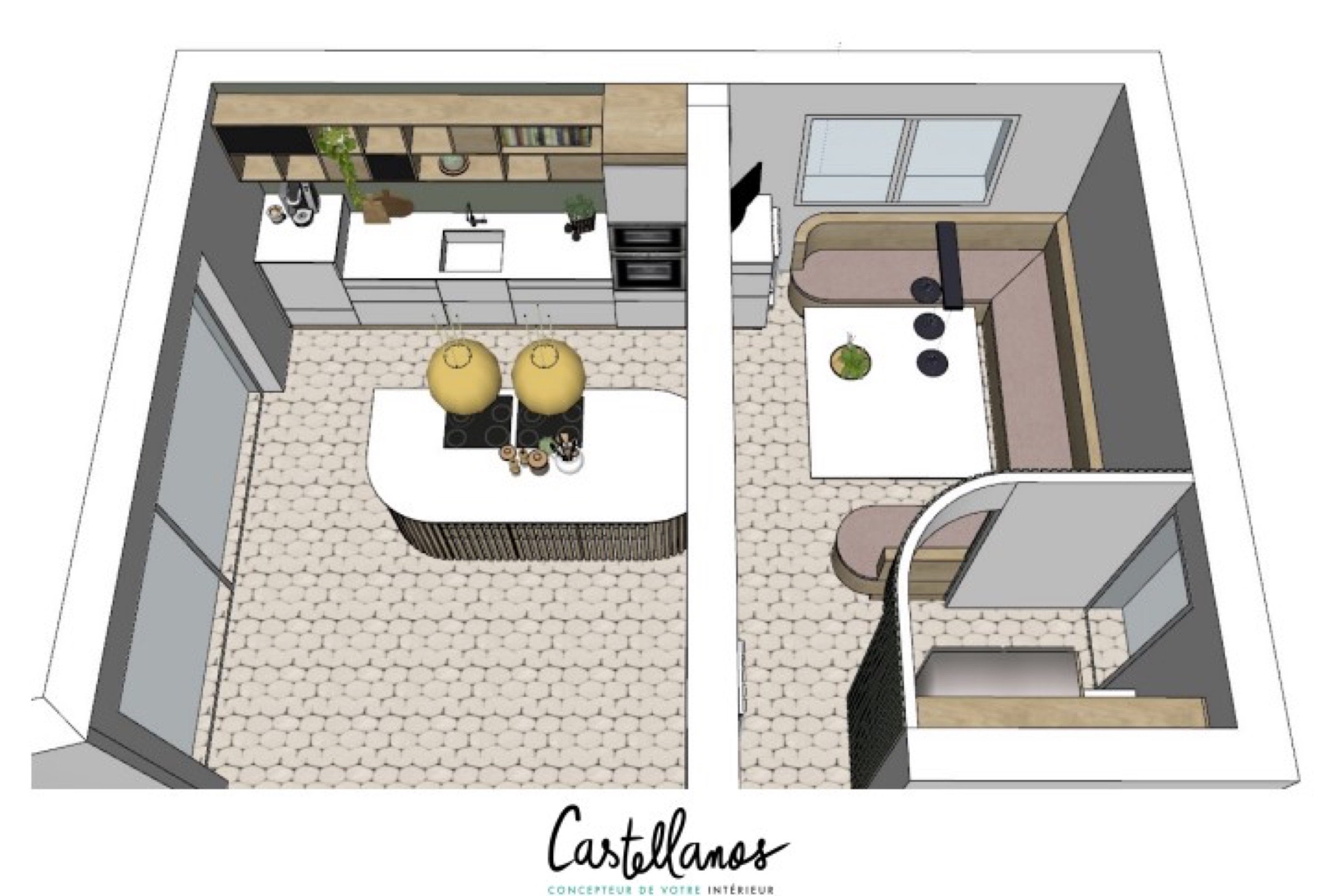 Aménagement moderne de l'appartement comprenant une cuisine ouverte avec des sièges de bar, un salon confortable avec un canapé et deux poufs jaunes, ainsi qu'un escalier menant à un autre niveau ; cet espace mélange harmonieusement ré