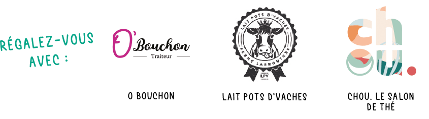 Une série de logos alignés, chacun représentant différentes entreprises ou produits liés à l'alimentation, affichés sur un fond de panneaux colorés alternés lors d'un événement de portes ouvertes.