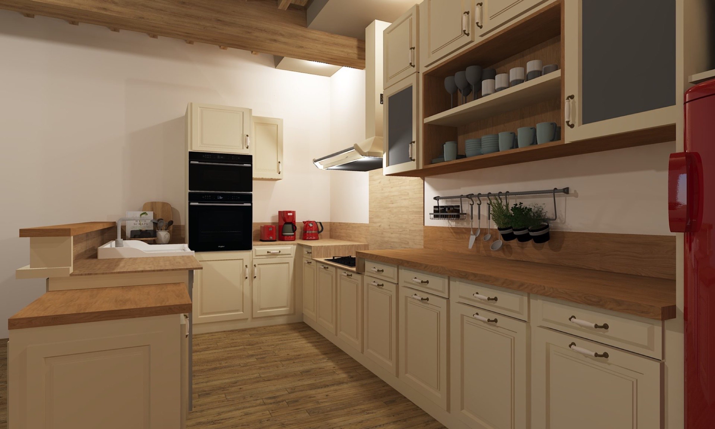 Cuisine moderne avec parquet et armoires couleur cr&egrave;me. Cette cuisine relook&eacute;e comprend un r&eacute;frig&eacute;rateur rouge, des &eacute;tag&egrave;res murales avec de la vaisselle, une hotte aspirante, deux fours encastr&eacute;s et des herbes aromatiques en pot sur le mur. Les plans de travail pr&eacute;sentent une teinte bois&eacute;e naturelle pour un relooking simple.
