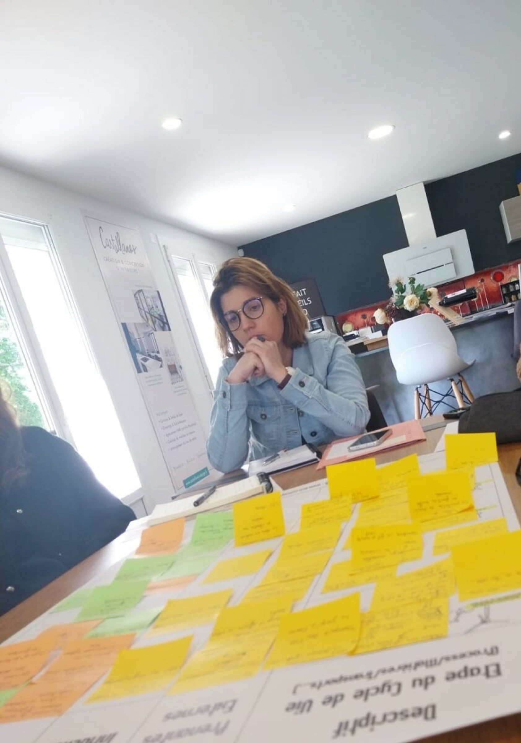 Une personne portant des lunettes et une veste en jean est assise &agrave; une table recouverte de notes autocollantes et de papiers color&eacute;s. Ils semblent plong&eacute;s dans leurs r&eacute;flexions, peut-&ecirc;tre en train de r&eacute;fl&eacute;chir ou de travailler sur un projet d'architecture d'int&eacute;rieur, dans une pi&egrave;ce lumineuse avec de grandes fen&ecirc;tres et une cuisine moderne en arri&egrave;re-plan.