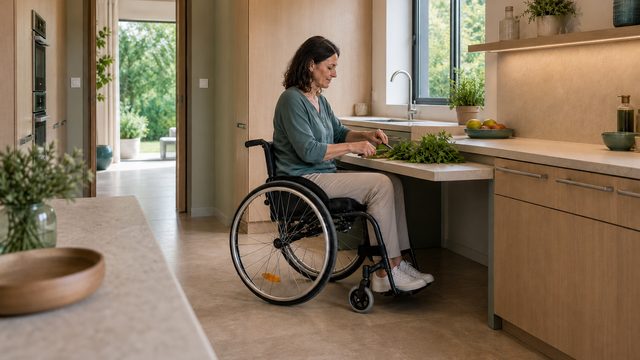 Personne en fauteuil roulant cuisinant dans une cuisine adapt&eacute;e PMR, plan de travail accessible