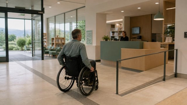 Personne en fauteuil roulant accédant à un lieu recevant du public aménagé PMR