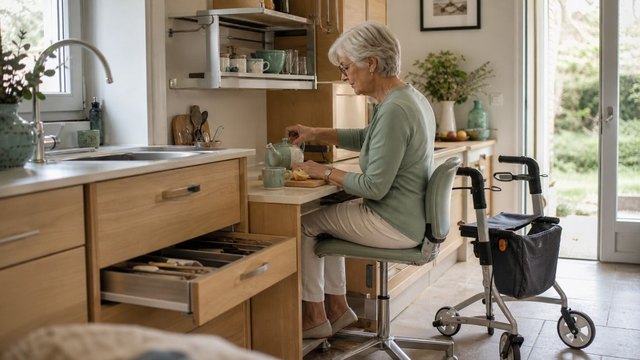 Personne senior dans une cuisine adaptée PMR, plan de travail accessible