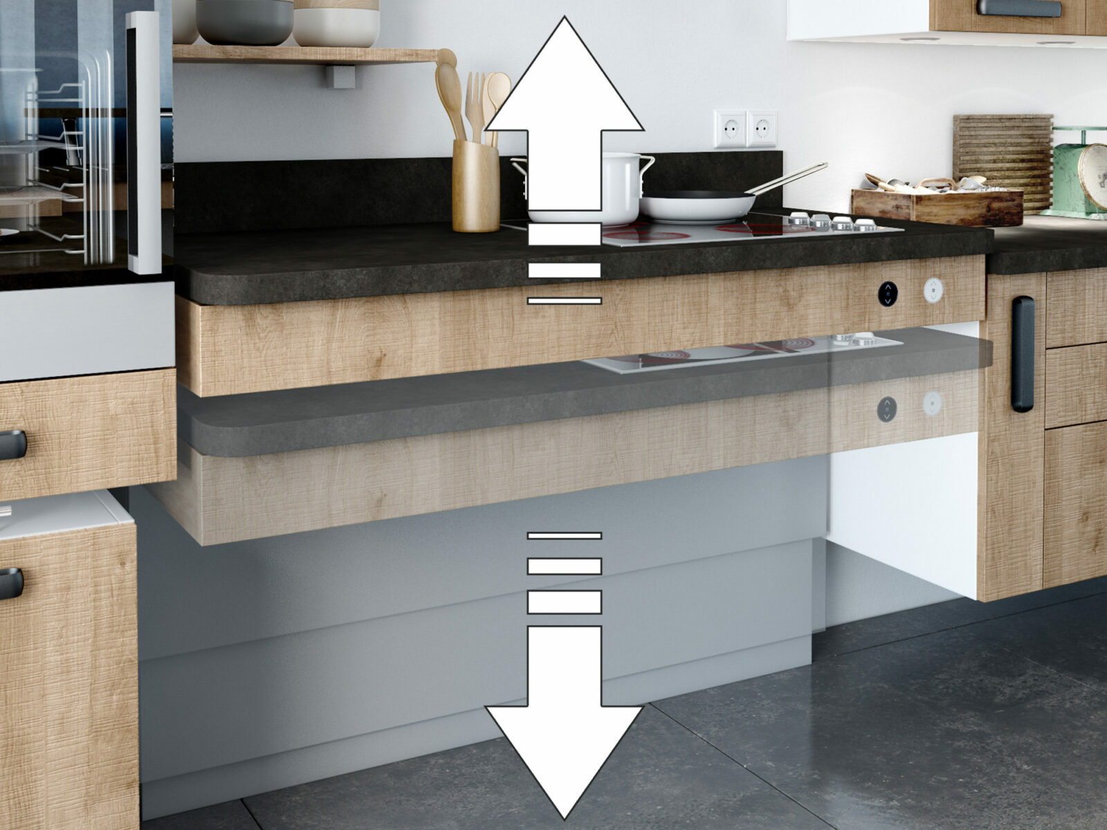 Cuisine moderne avec tiroirs ouverts révélant des rangements organisés, mettant en valeur un design minimaliste et efficace adapté à la mobilité réduite.