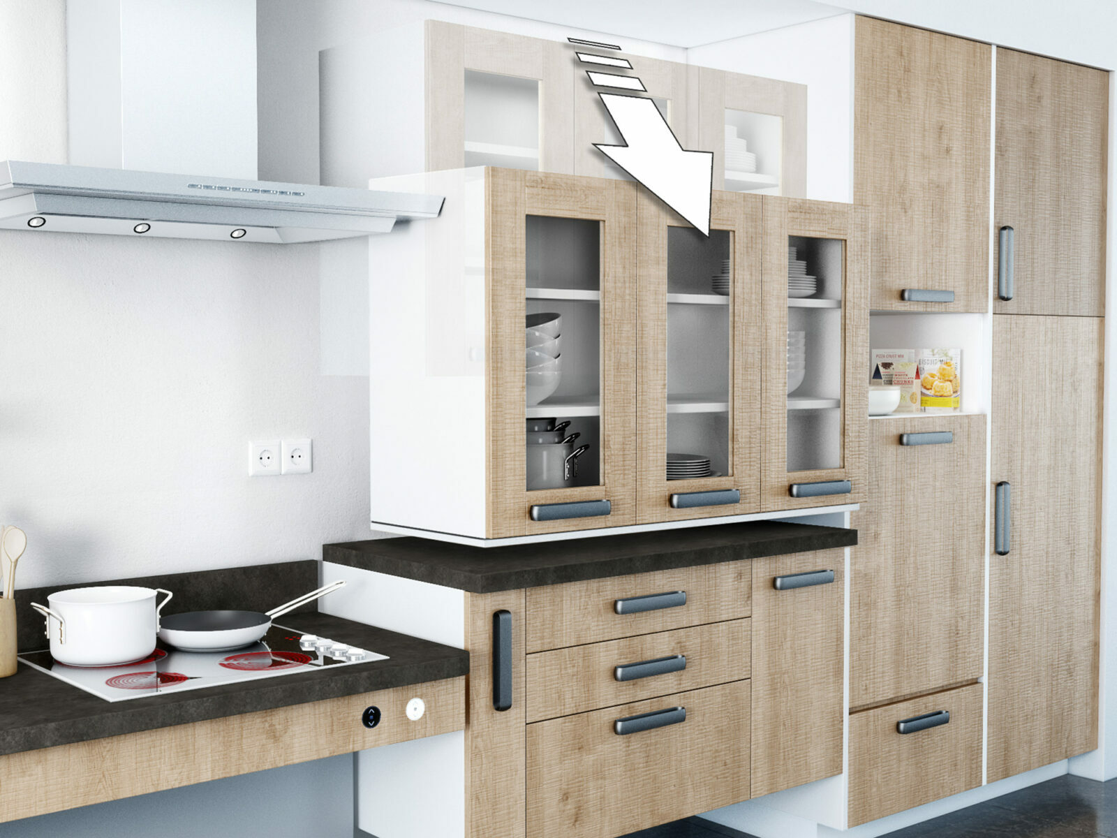 Intérieur de cuisine moderne avec armoires en bois ouvertes révélant de la vaisselle et de la verrerie soigneusement disposées, mettant en valeur une combinaison de fonctionnalité, de design et d'accessibilité.