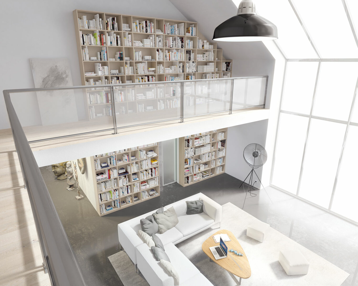 Salon loft moderne avec de hauts plafonds et une vaste étagère, baigné de lumière naturelle grâce à de grandes fenêtres, doté d'un coin salon confortable conçu pour la détente et la lecture pour les particuliers.