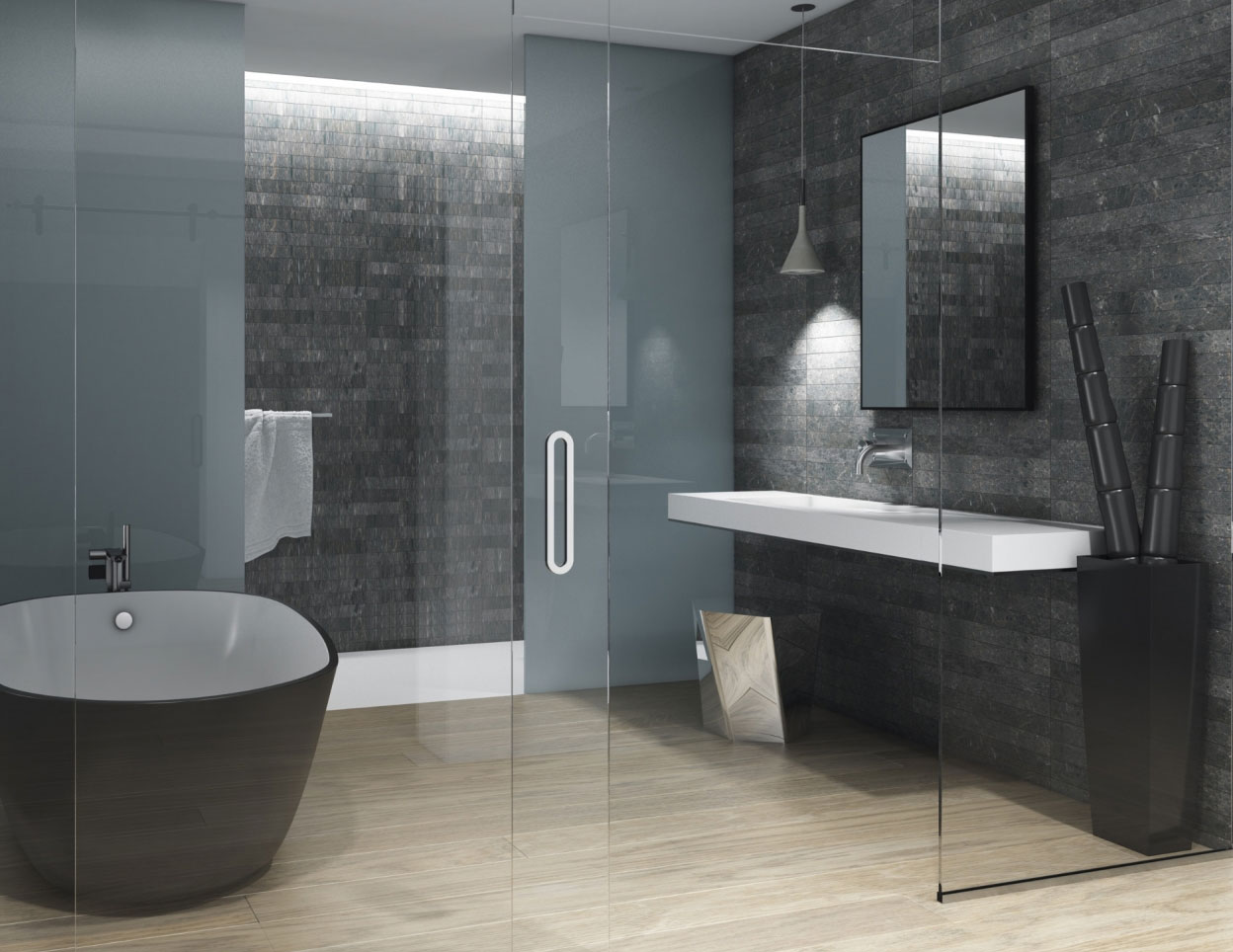 Une salle de bain moderne avec des carreaux sombres élégants, une baignoire autoportante, une cabine de douche en verre et une vanité minimaliste avec un grand miroir et un ameublement professionnel sur mesure.